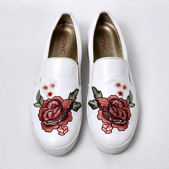Vionic Shoes - Vionic‎ Rose Floral Embroidered Slip On Comfort Shoe Womens 8.5 White Leather